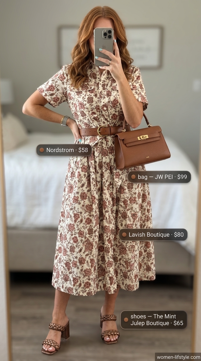Earthy boho summer outfits for women 2026: Warm brown midi shirt dress, bronze heeled mules, structured bag, and hammered earrings.