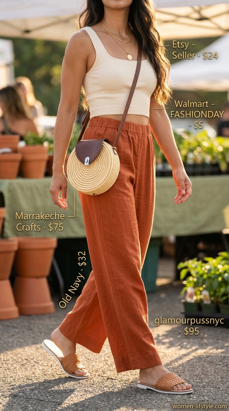 Earthy boho summer outfits for women 2026: Terracotta linen pants, cream tank, straw bag, gold necklaces, and leather slides.