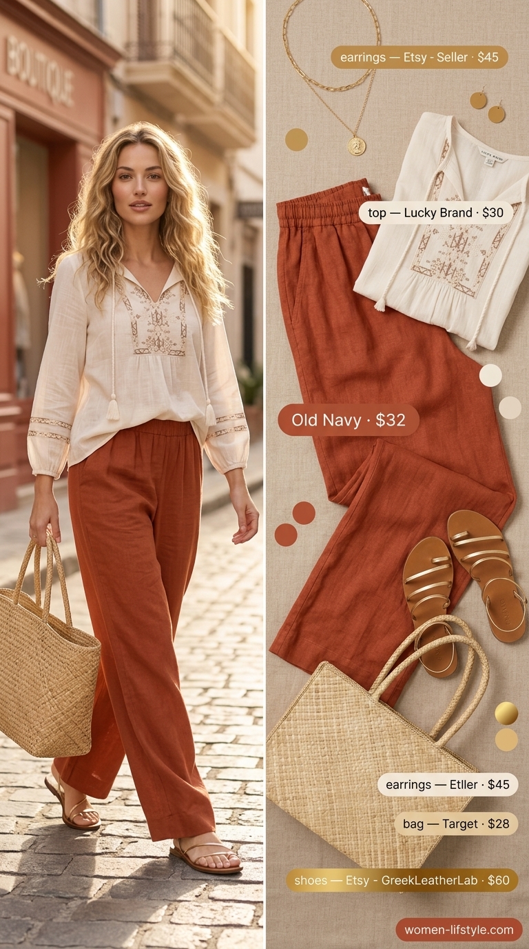Earthy boho summer outfits for women 2026: Terracotta linen pants, cream peasant blouse, straw tote.