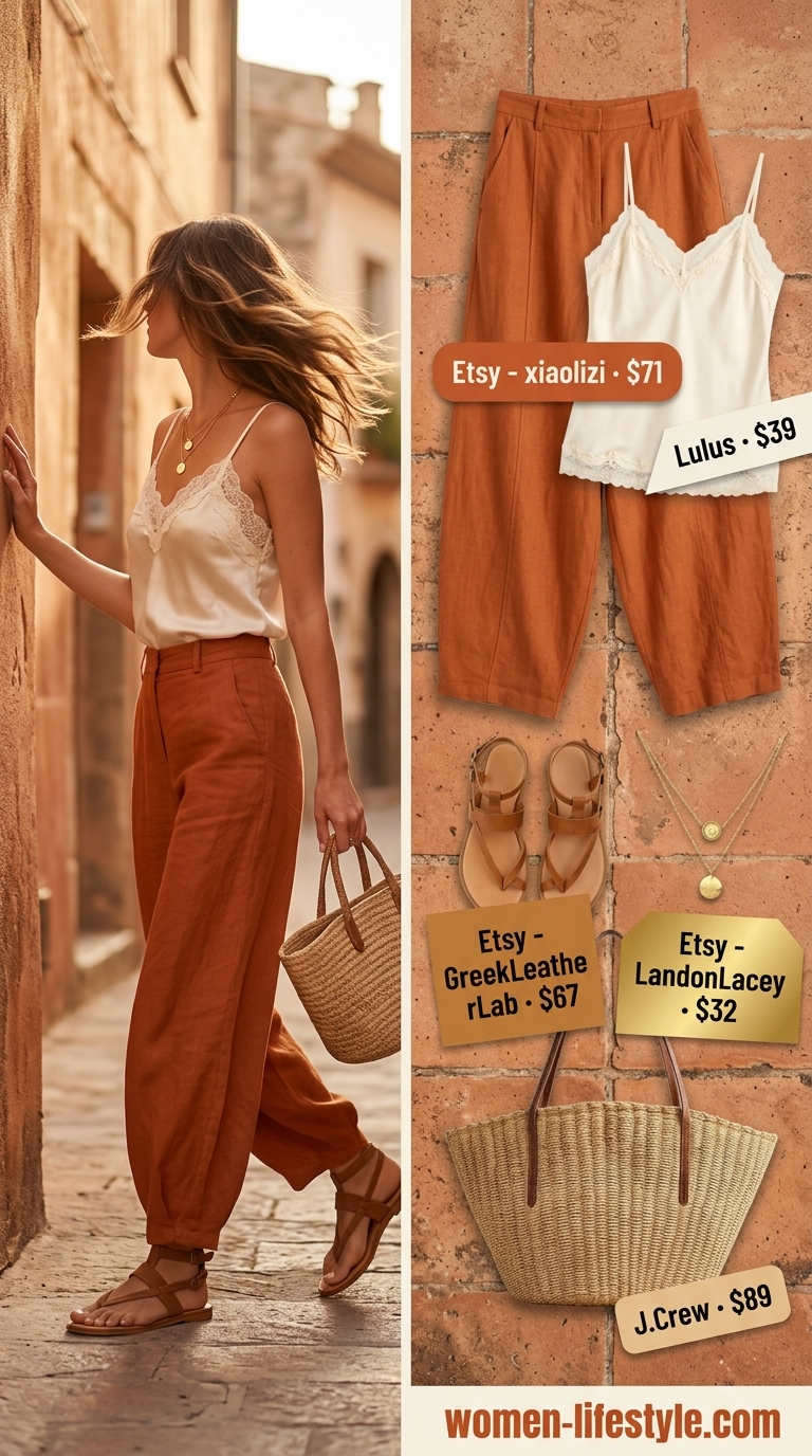 Earthy boho summer outfits for women 2026: Terracotta linen pants, cream cami, straw tote, and gold jewelry for a garden party.