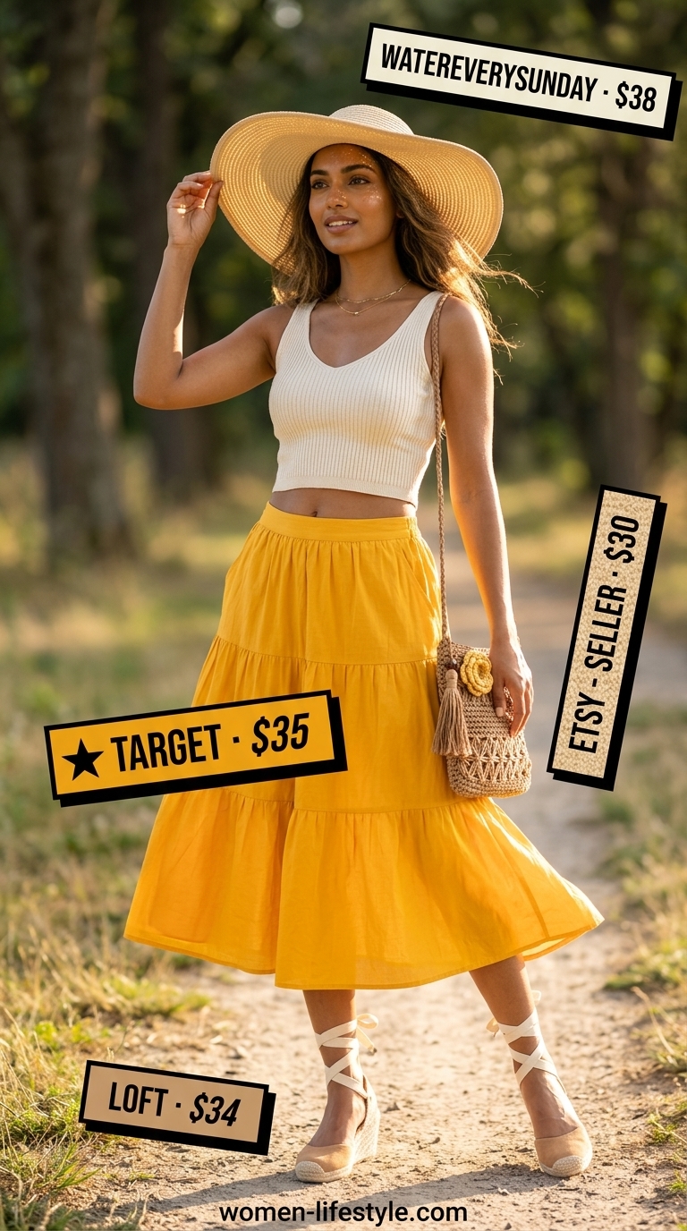 Earthy boho summer outfits for women 2026: Marigold skirt, ivory crop top, espadrilles, straw hat, and crossbody bag for a picnic.