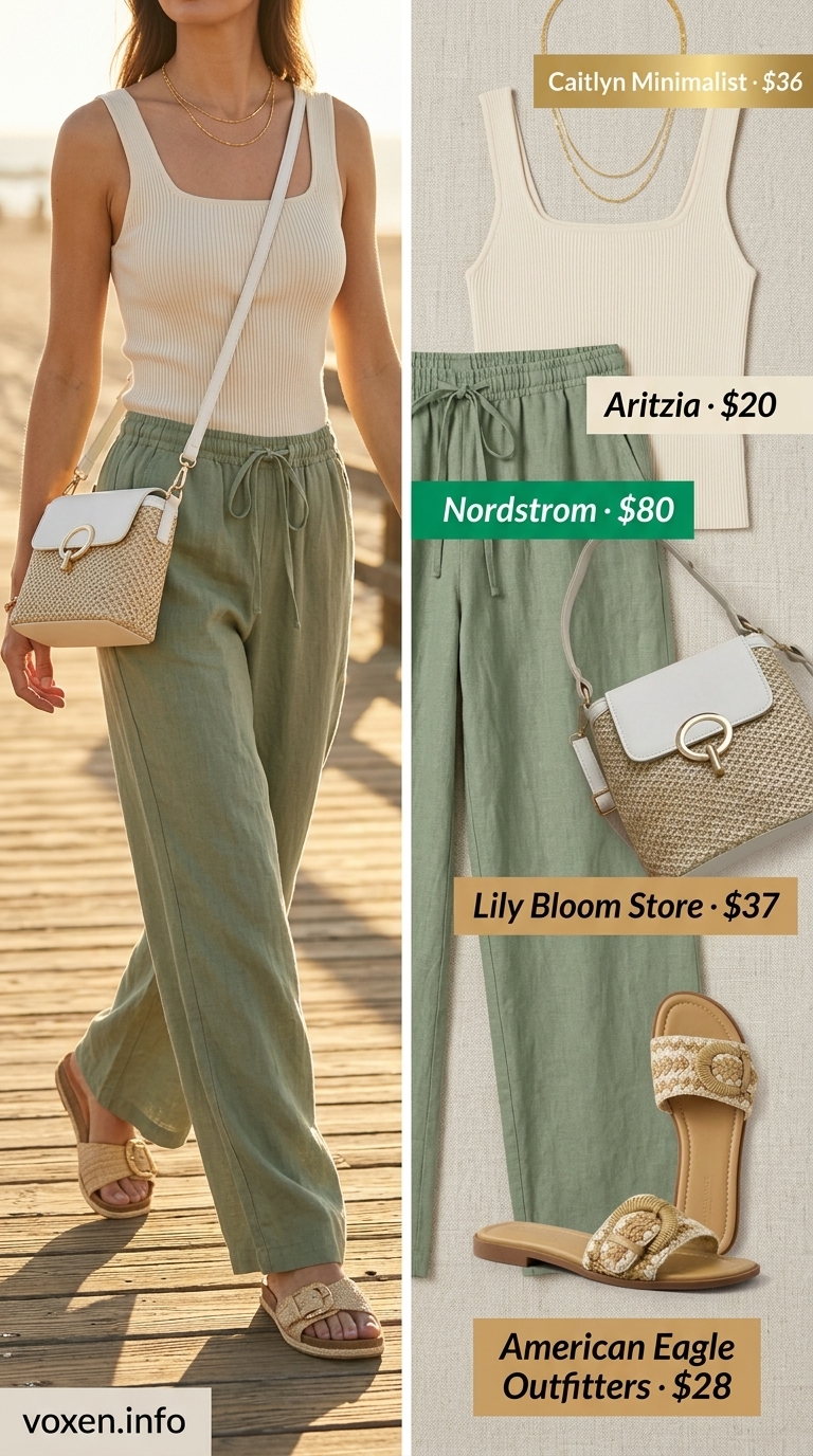Summer wide leg pants outfits for women 2026: Sage green pants, cream top, straw bag for seaside.