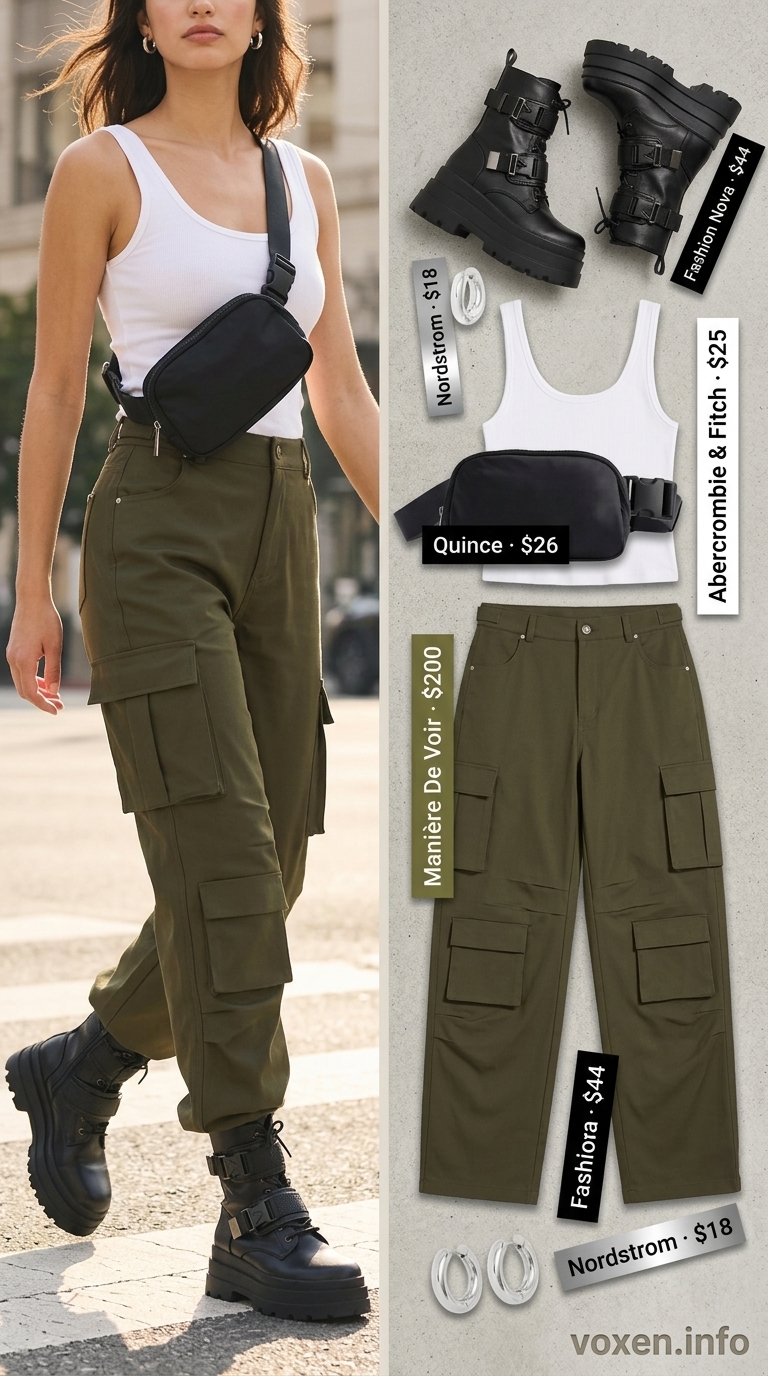 Summer wide leg pants outfits for women 2026: Olive cargo pants, white tank, combat boots for city exploring.