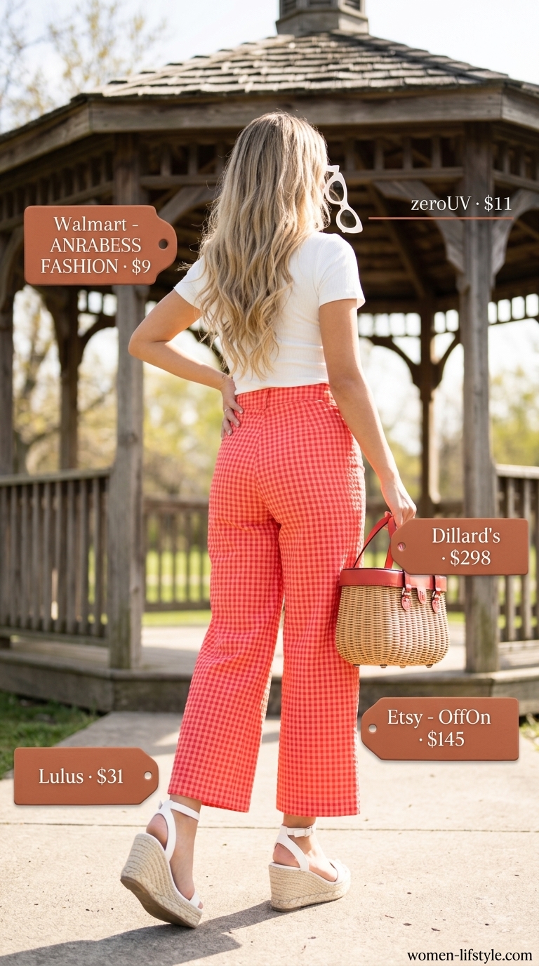 Retro Picnic Culottes Style 2026 Red gingham cropped summer tailored culottes for women 2026 with white knit top & espadrilles for a retro picnic.