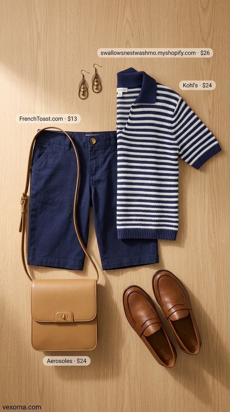 Trendy modest summer outfits for women 2026: Navy shorts, striped top, espadrilles for lakeside lunch.