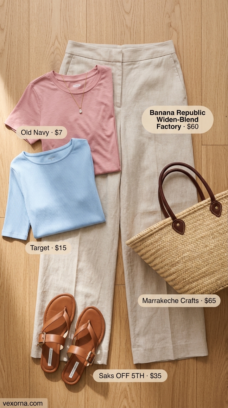 Trendy modest summer outfits for women 2026: Cream linen pants, blue knit top, straw tote for coastal retreat.