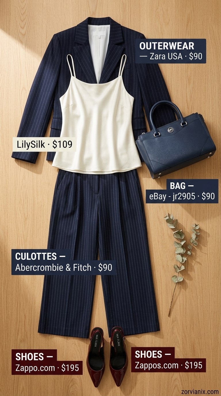 Boardroom to Bistro Tailored Culottes 2026 Boardroom to bistro: navy pinstripe tailored culottes & blazer, ivory camisole. Professional summer outfit 2026.
