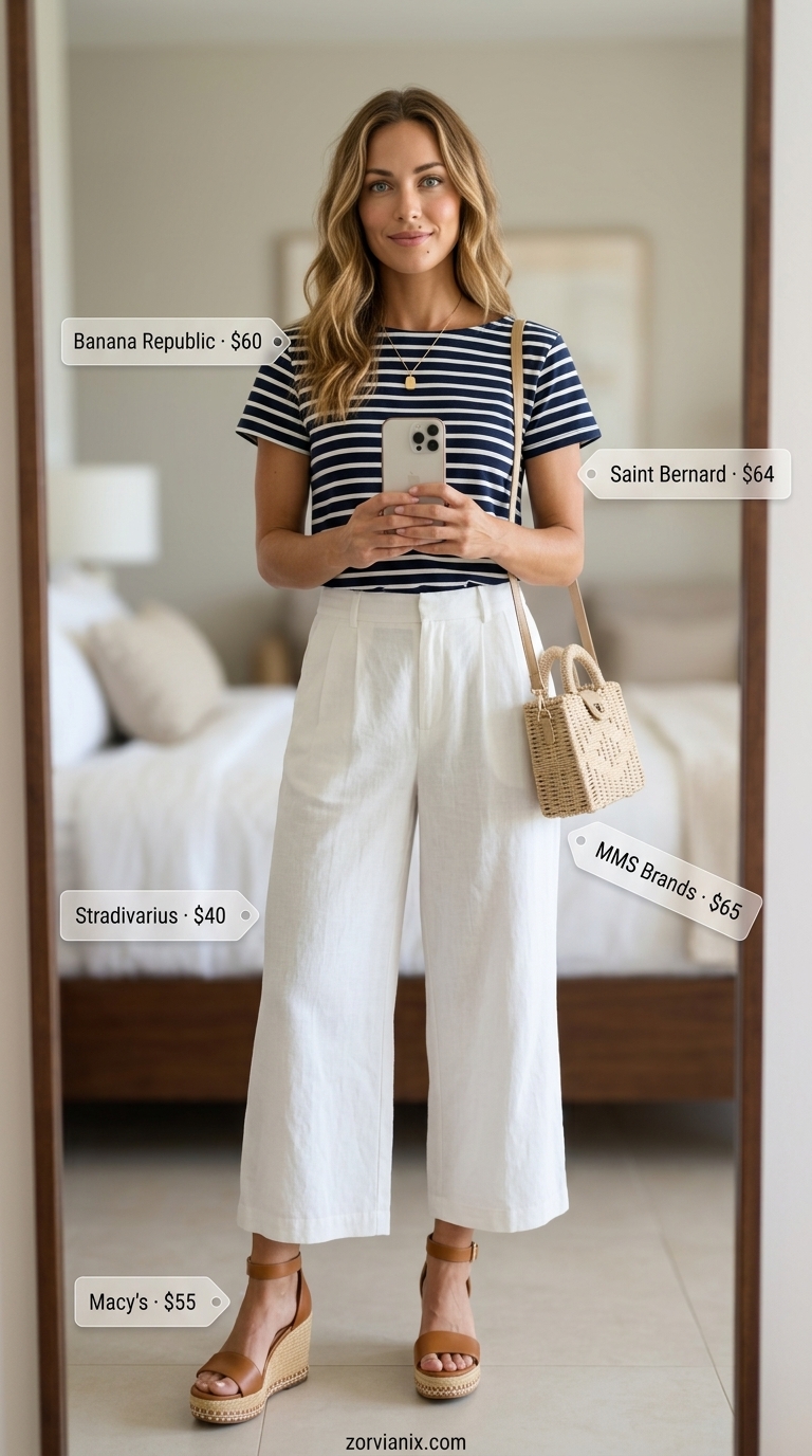 Summer Tailored Culottes for Women 2026: Riviera Rendezvous Style White linen blend tailored culottes for women 2026 with navy stripe top for a chic resort lunch.