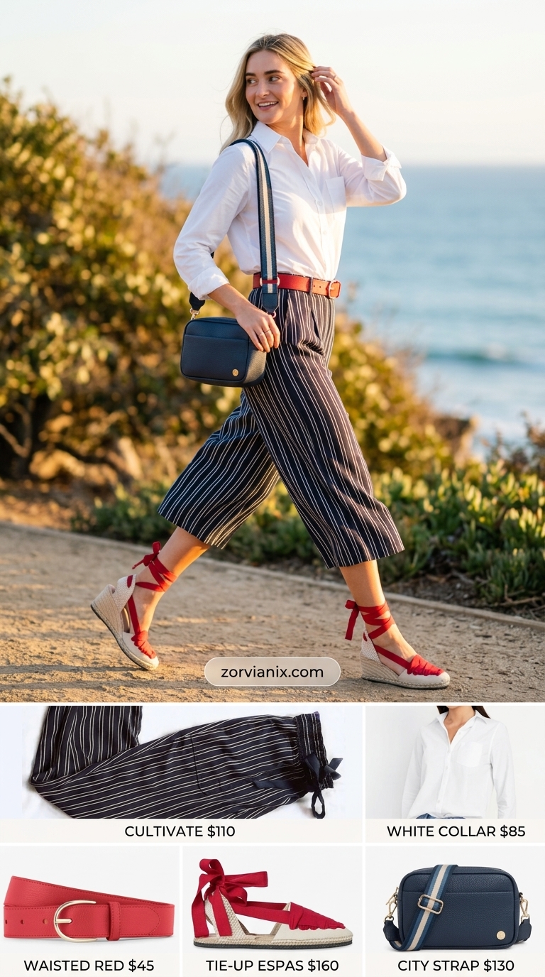 Summer Tailored Culottes for Women 2026: Riviera Retreat Style Navy and white stripe tailored culottes for women 2026 with a crisp white shirt for a Riviera retreat look.