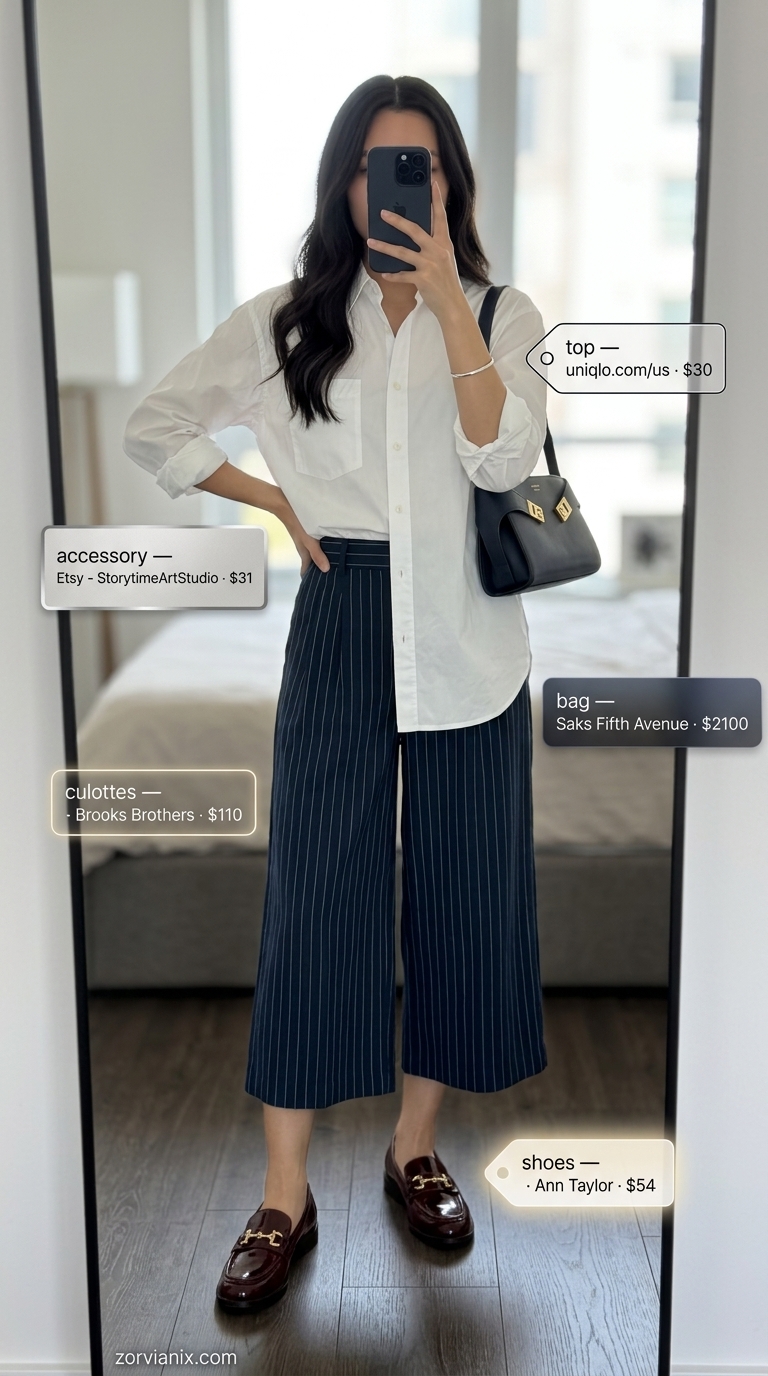 Preppy Tailored Culottes for Women 2026 Navy pinstripe tailored culottes for women 2026 with white button-down shirt and red loafers for a preppy look.