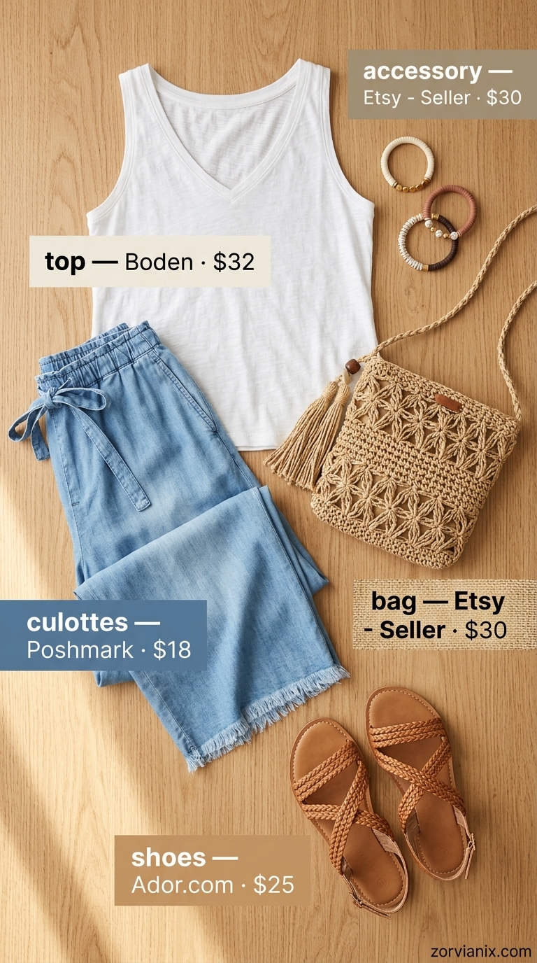 Weekend Wanderlust Tailored Culottes 2026 Weekend wanderlust: light blue denim tailored culottes, ecru tank, braided sandals. Effortless summer style 2026.