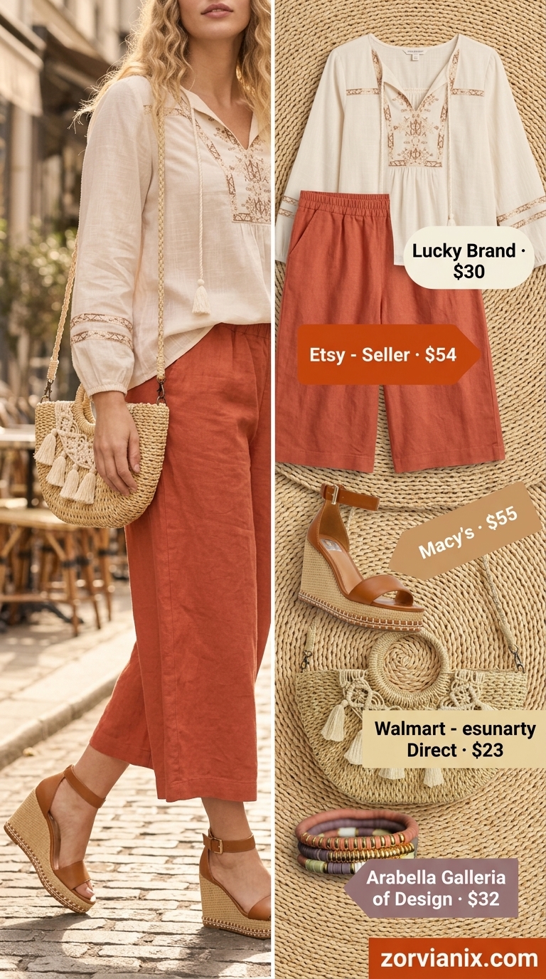 Bohemian Tailored Culottes for Women 2026 Burnt orange tailored culottes for women 2026 with ivory peasant blouse and woven tote for bohemian brunch.