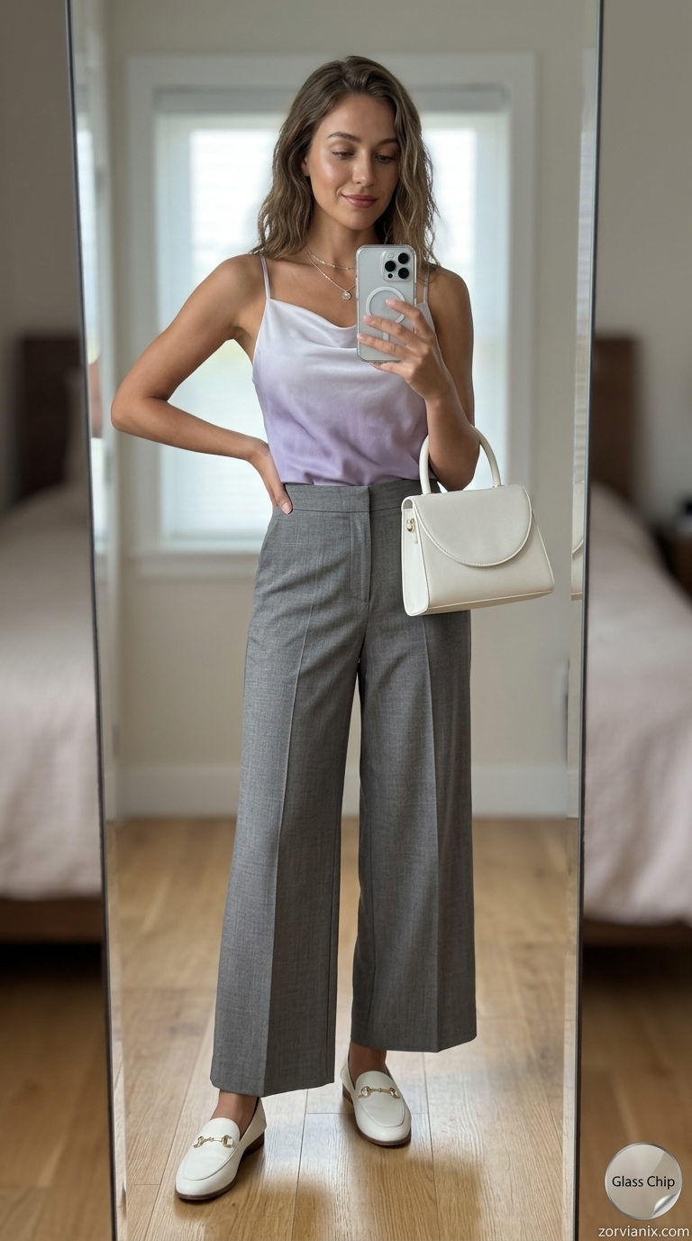 Summer Tailored Culottes for Women 2026: Lavender Lane Lunch Micro-check tailored culottes for women 2026 with lavender camisole and white loafers for a smart casual look.
