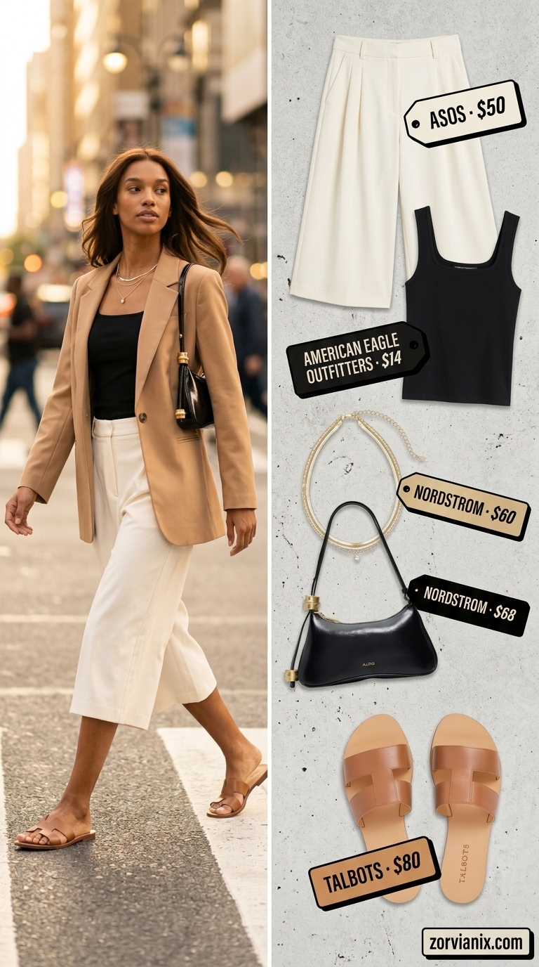 Crisp Summer Brunch Tailored Culottes 2026 Crisp summer brunch: white tailored culottes, black tank, tan slides. Chic minimalist outfit for 2026.