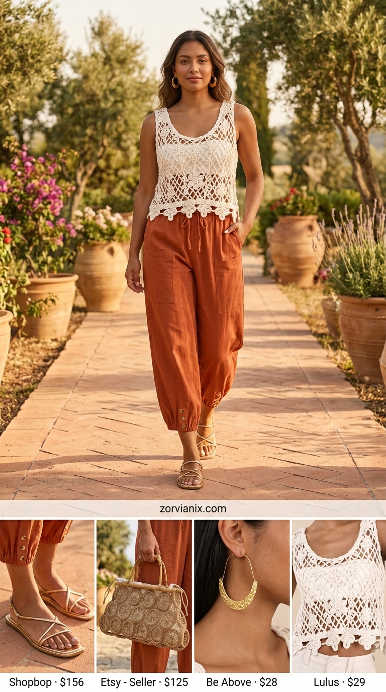 Summer Tailored Culottes for Women 2026: Desert Sunset Dinner Terracotta tailored culottes for women 2026 with cream crochet top for a desert sunset dinner.