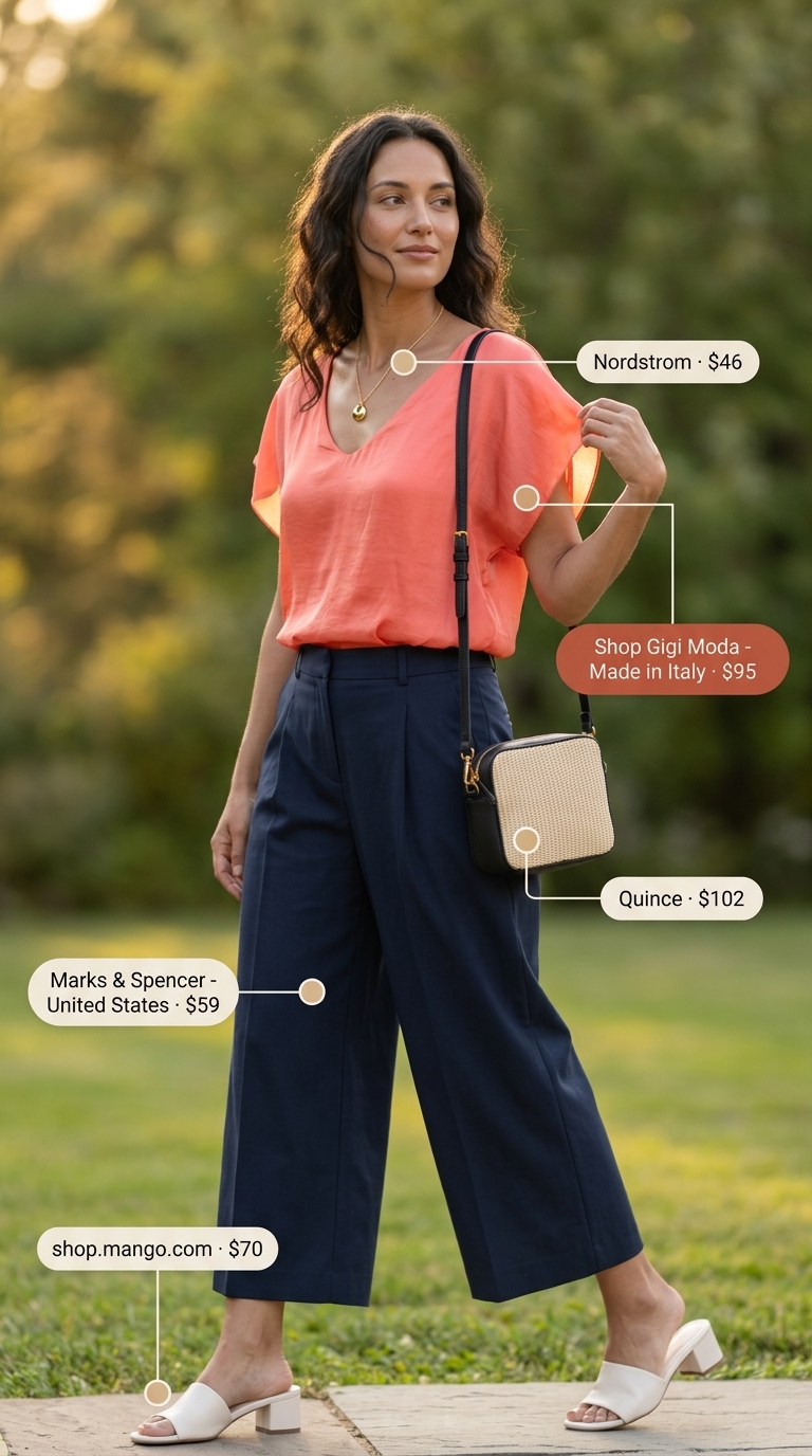 Brunch Tailored Culottes for Women 2026 Navy tailored culottes for women 2026 with coral blouse and cream sandals for a summer brunch.