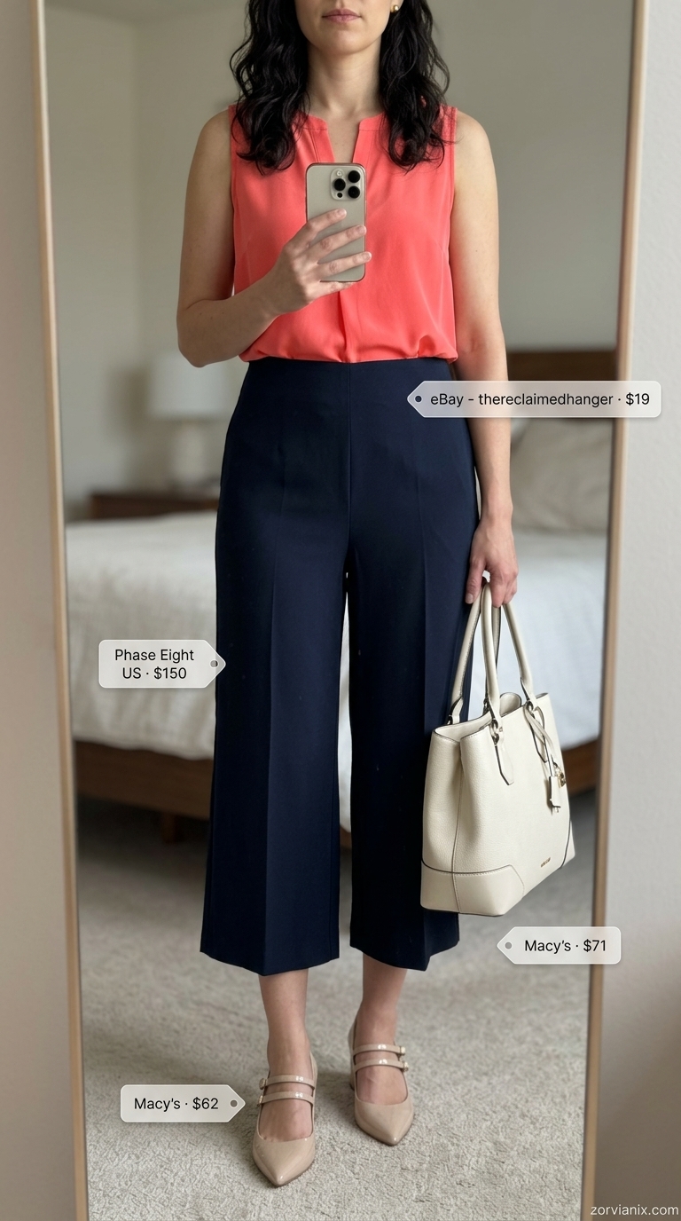 Work-to-Drinks Tailored Culottes for Women 2026 Navy tailored culottes for women 2026 with coral silk blouse and cream pumps for work to drinks.