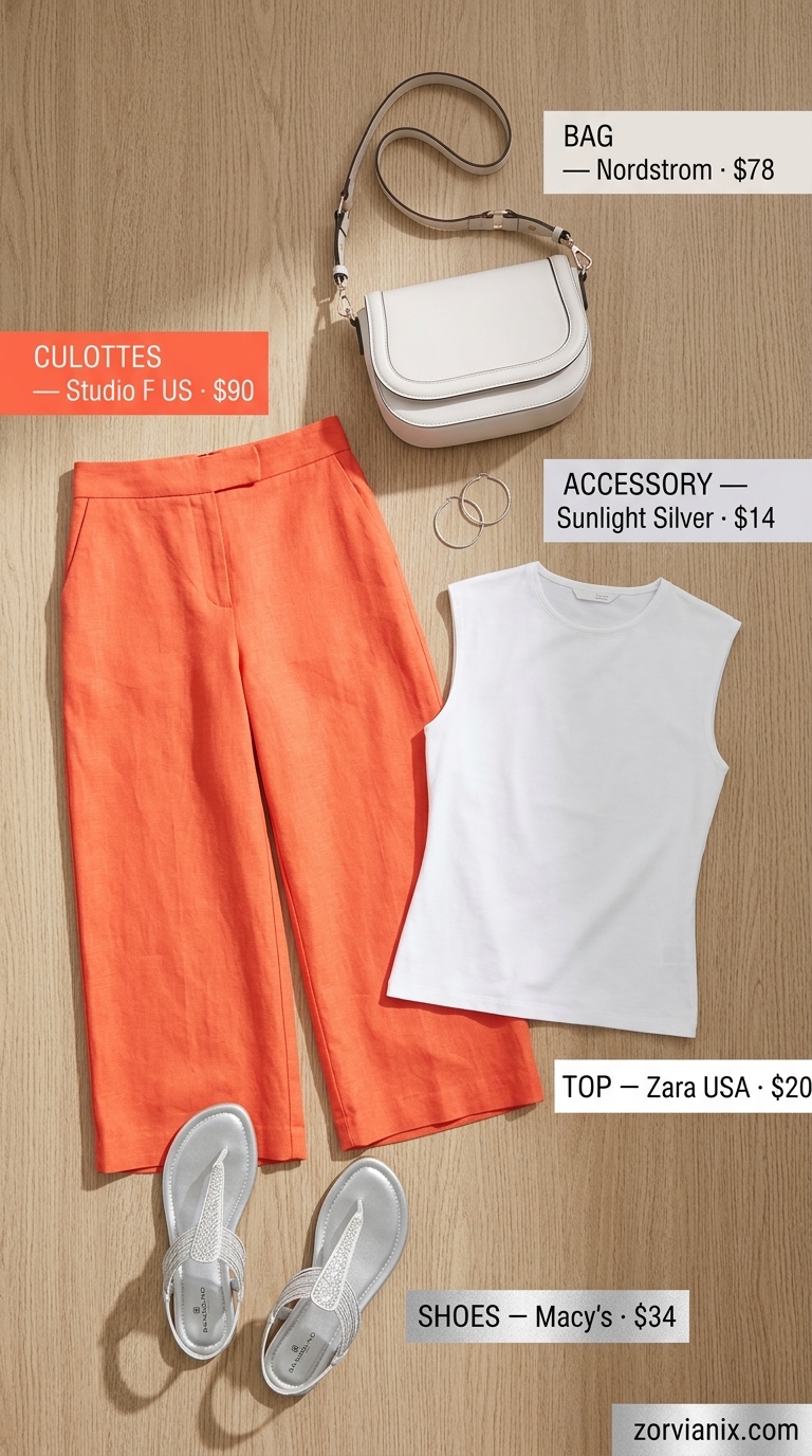 Vibrant Summer Tailored Culottes Outfit 2026 Vibrant city stroll outfit: coral tailored culottes, white top, silver sandals. Perfect for summer festivals 2026.