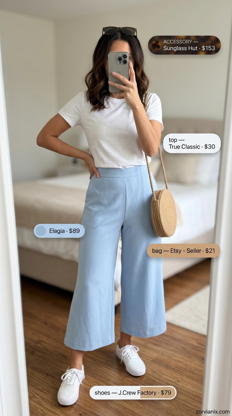 Casual Tailored Culottes for Women 2026 Sky blue tailored culottes for women 2026 with white t-shirt and sneakers for a casual day out.