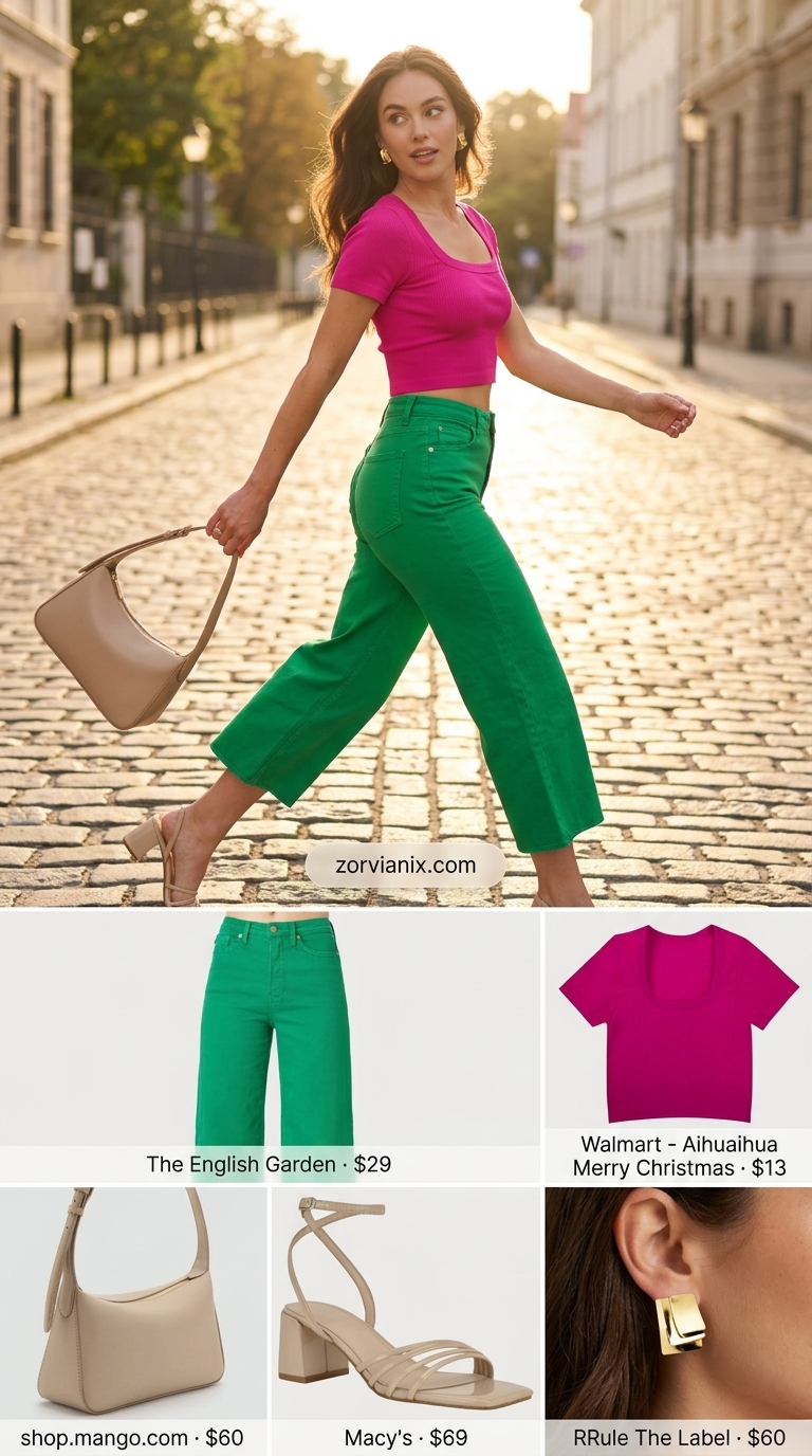 Summer Tailored Culottes for Women 2026: Vibrant Summer Soiree Kelly green tailored culottes for women 2026 with hot pink crop top for a vibrant summer party.