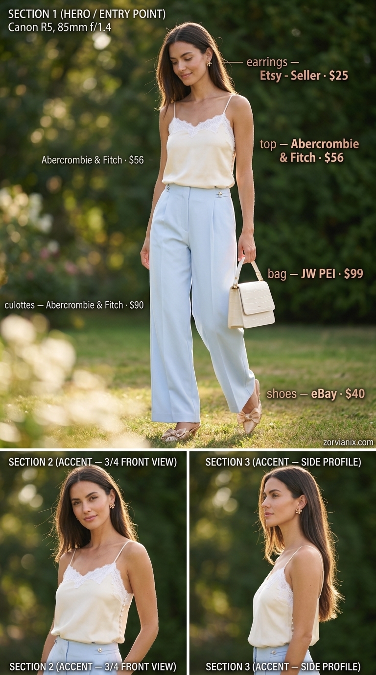 Garden Party Charm Tailored Culottes 2026 Garden party charm: pastel blue tailored culottes, cream lace cami, rose gold mules. Romantic summer event 2026.