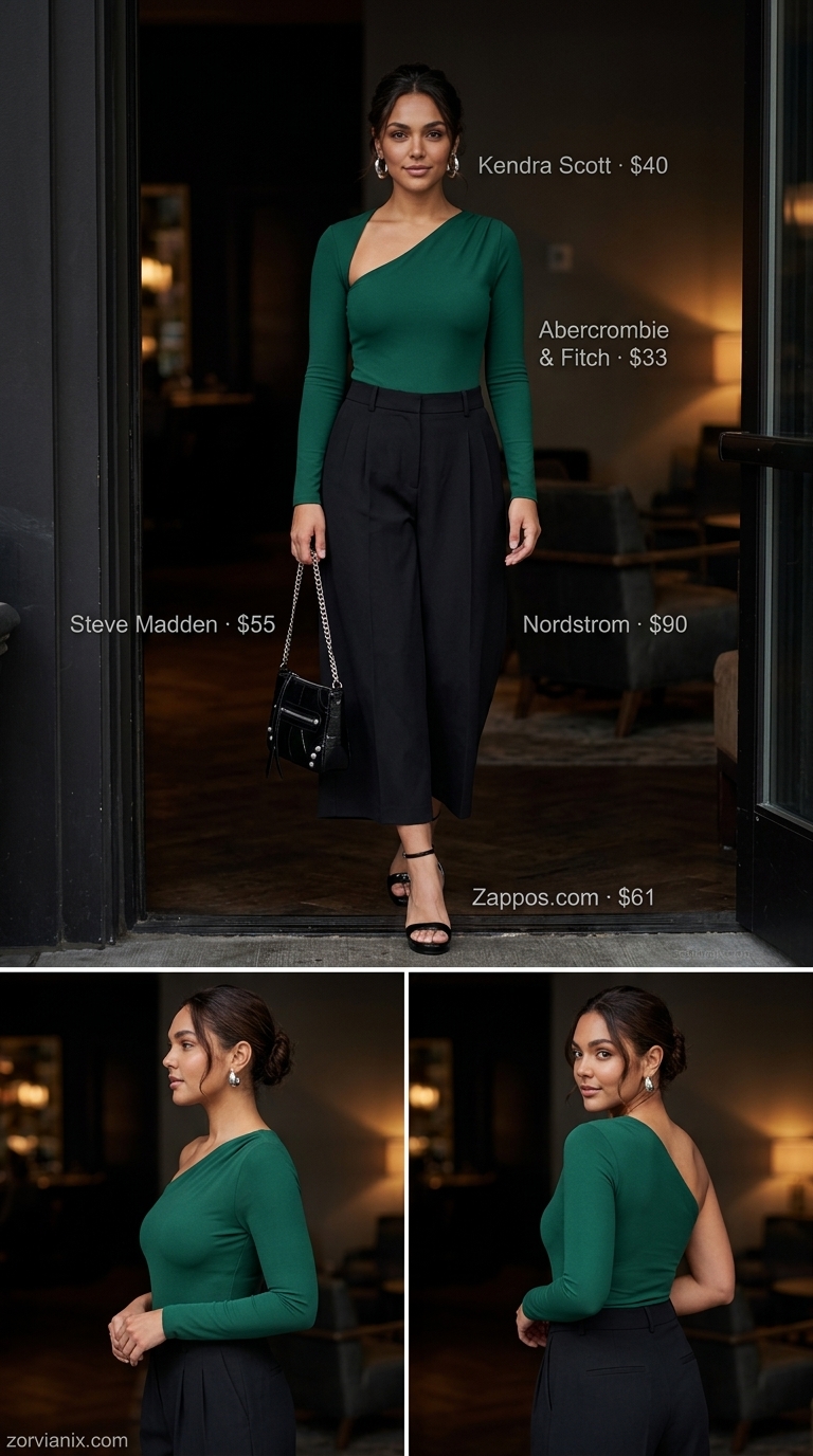 Midnight Urban Edge Tailored Culottes 2026 Midnight urban edge: black tailored culottes, emerald green top, strappy heels. Chic evening outfit 2026.