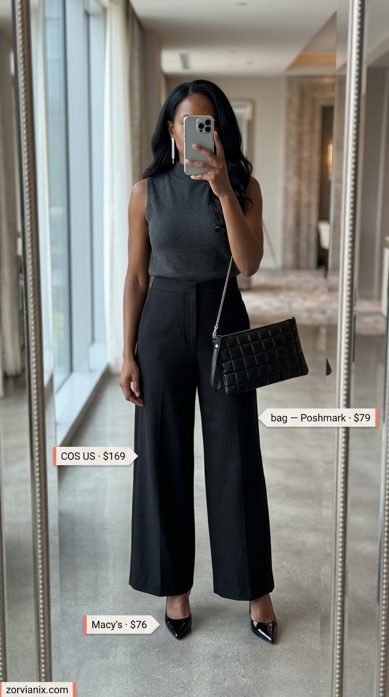 Summer Tailored Culottes for Women 2026: Midnight Gallery Opening Black tailored culottes for women 2026 with emerald green camisole for a midnight gallery opening.