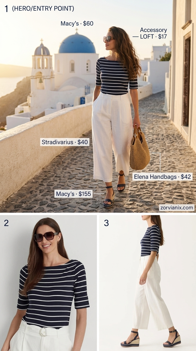 Resort Elegance Tailored Culottes 2026 Resort elegance: beige tailored culottes, navy stripe top, espadrille wedges. Chic summer vacation style 2026.
