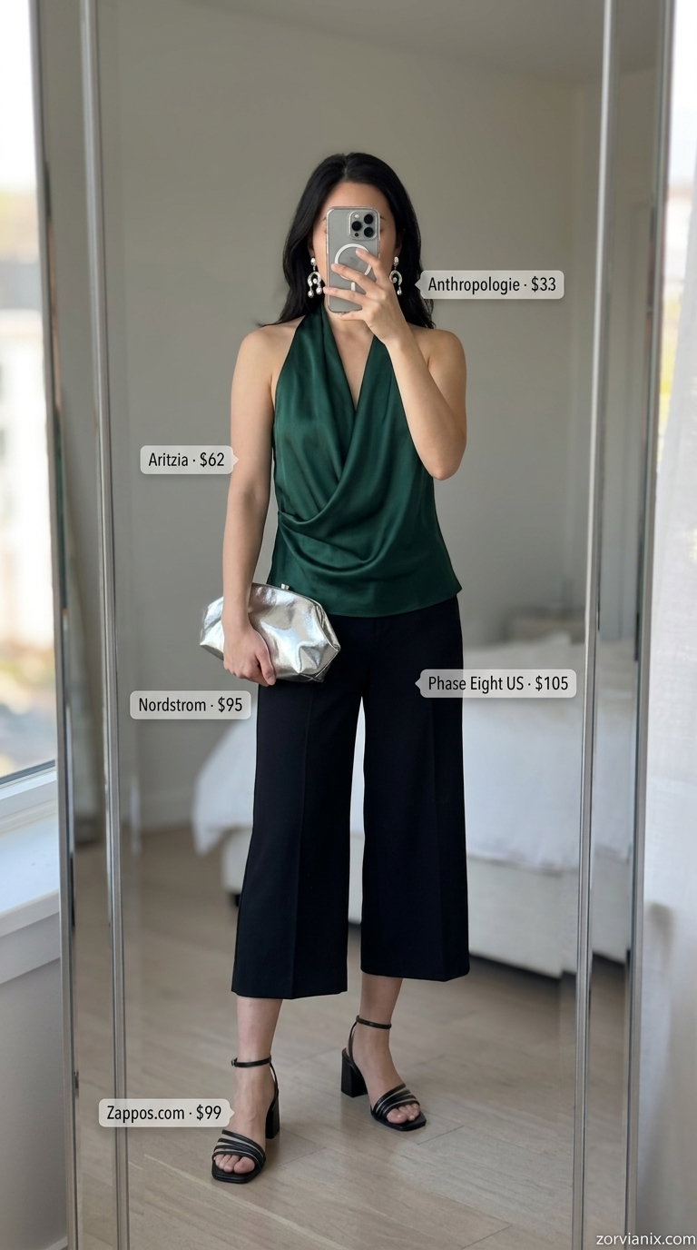 Gallery Opening Tailored Culottes for Women 2026 Black tailored culottes for women 2026 with emerald green mock neck top and silver clutch for a gallery opening.