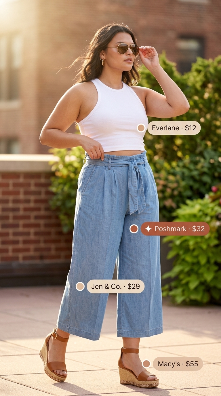 Weekend Tailored Culottes for Women 2026 Sky blue tailored culottes for women 2026 with white tank top and tan espadrilles for a relaxed weekend look.
