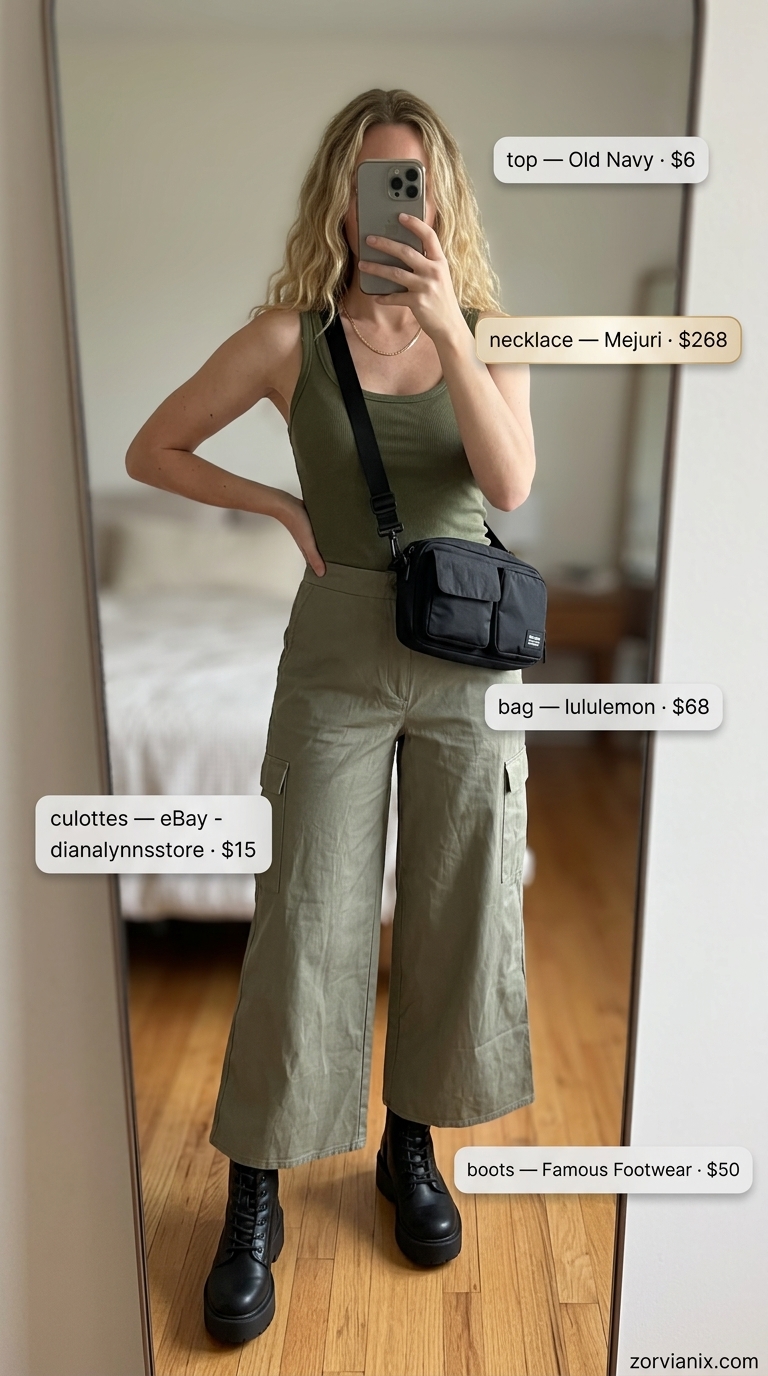 Safari Tailored Culottes for Women 2026 Khaki tailored culottes for women 2026 with olive green tank and combat boots for urban safari style.