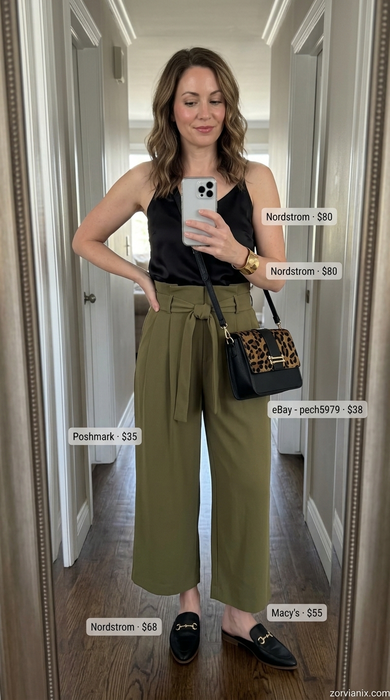 Summer Tailored Culottes for Women 2026: Urban Safari Chic Khaki tailored culottes for women 2026 with leopard print bag for an urban safari chic look.