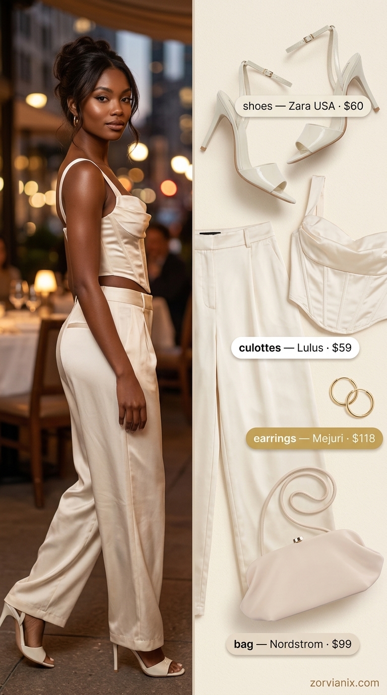Understated Glamour Tailored Culottes 2026 Understated glamour: cream silk tailored culottes, matching camisole, nude heels. Elegant summer event 2026.