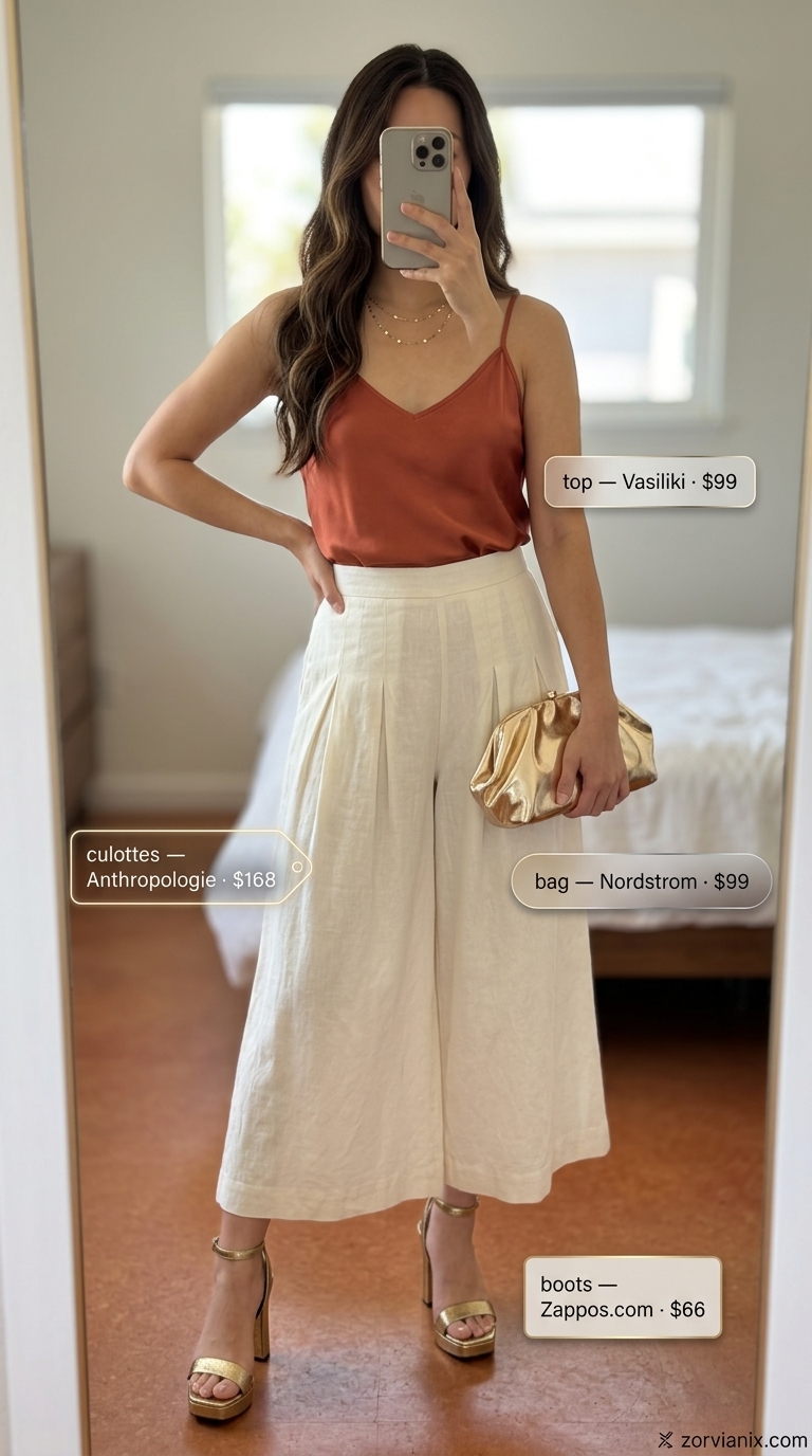 Summer Tailored Culottes for Women 2026: Sunset Dining Elegance Cream tailored culottes for women 2026 with terracotta camisole for a sophisticated summer soiree.