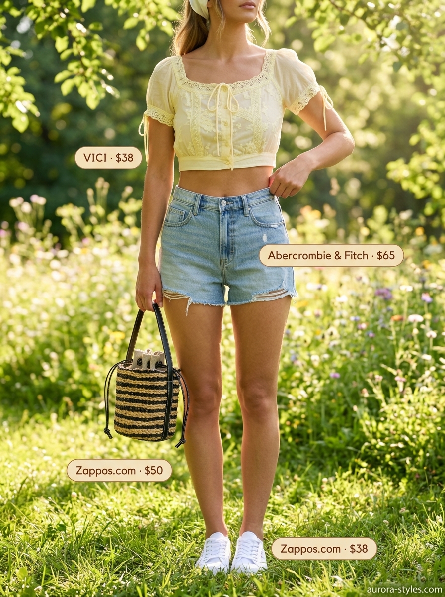 Sweet summer crop top outfits for women 2026: Pale yellow smocked top, denim shorts, and sneakers for a picnic.