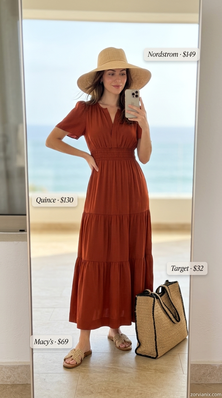 Bohemian terracotta maxi dress, straw tote, hat, and sandals for a summer beach outfit for women 2026.