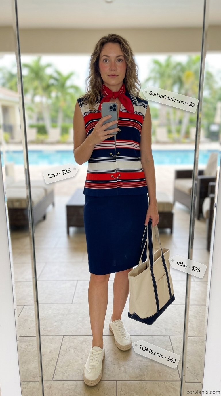 Red and navy striped matching set for a summer beach outfit for women 2026 seaside lunch.