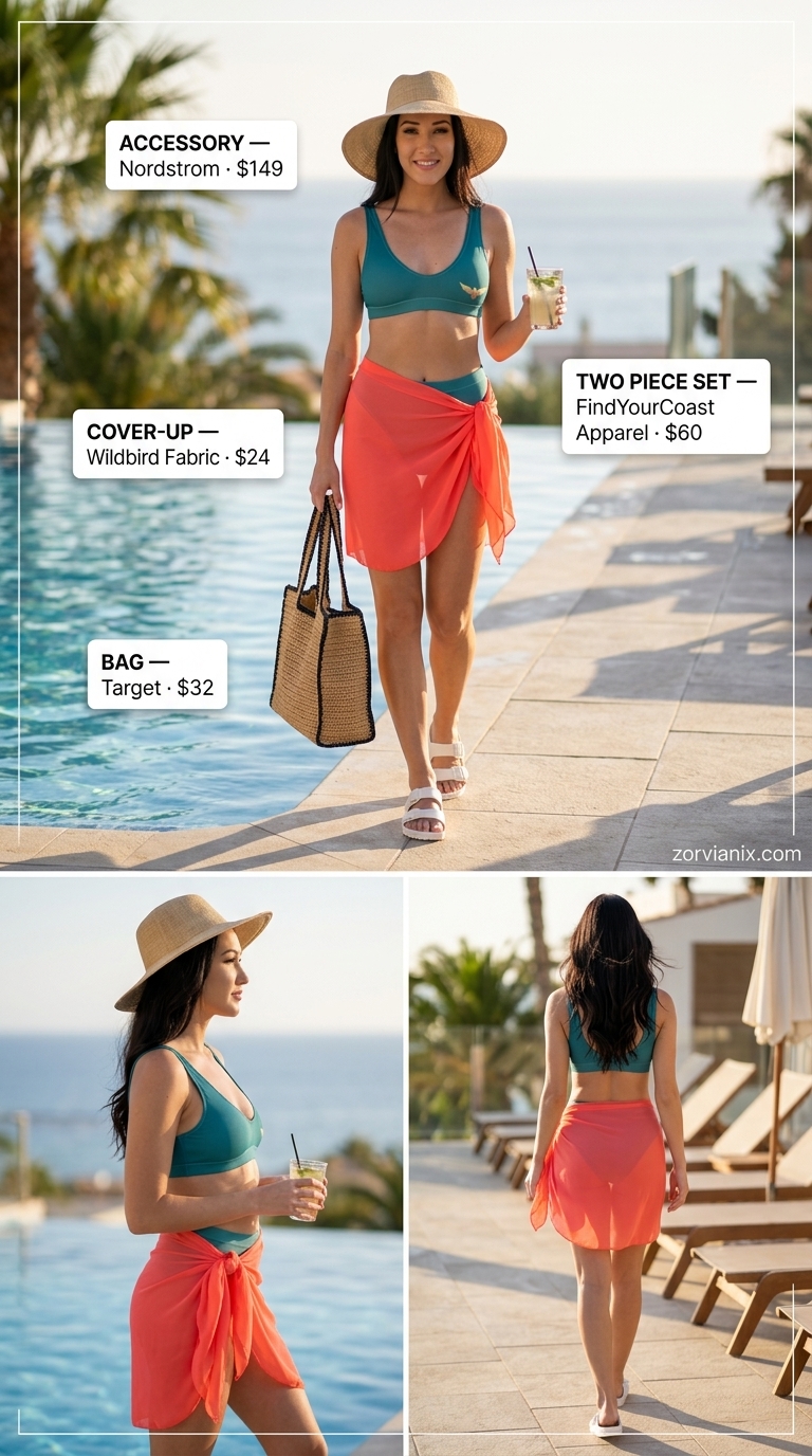 Lush green bikini with coral sarong and straw tote for a summer beach outfit for women 2026.