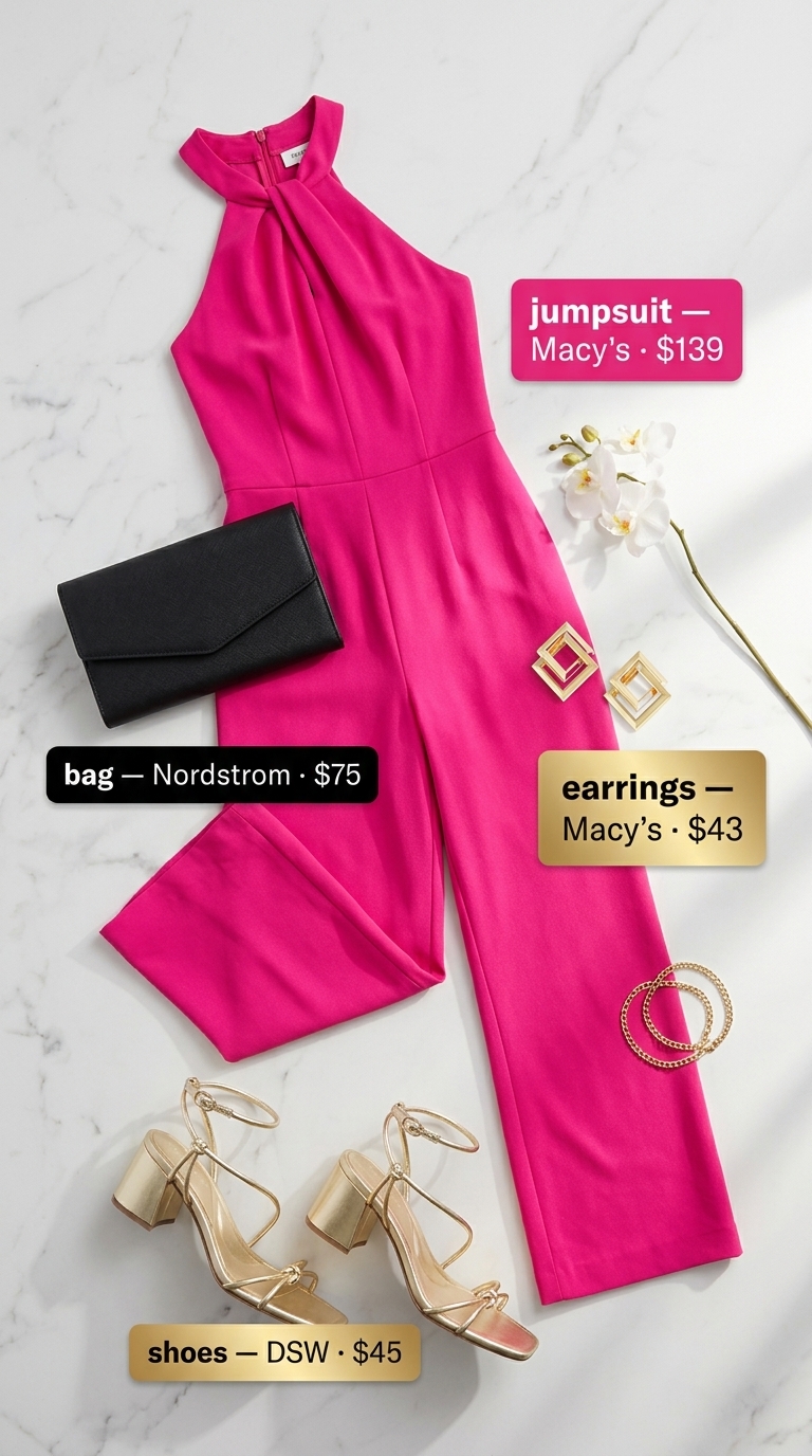 Hot pink wide-leg jumpsuit with gold earrings for a summer beach outfit for women 2026 evening party.