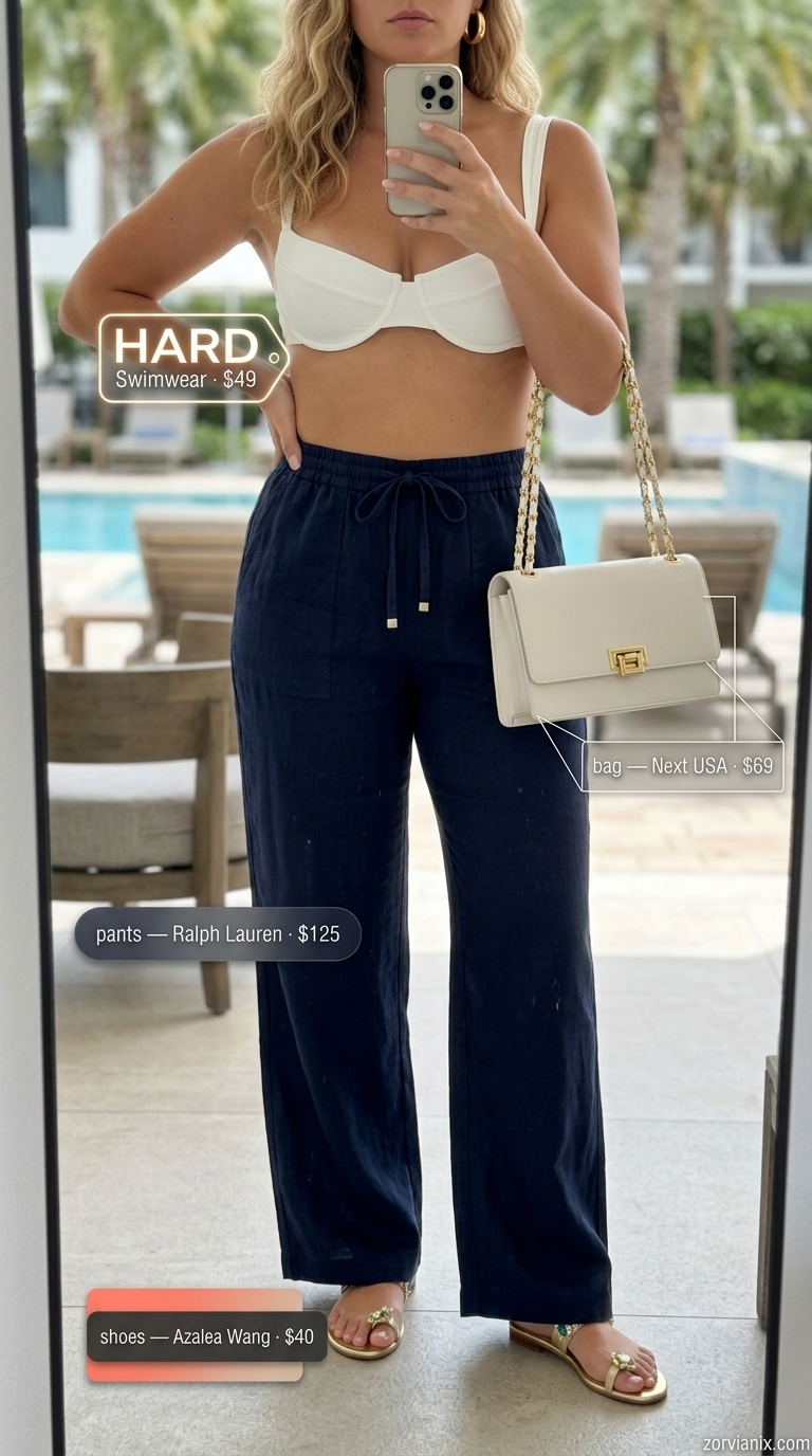 Sophisticated navy linen pants, white bikini top, gold earrings & sandals for a summer beach outfit for women 2026.