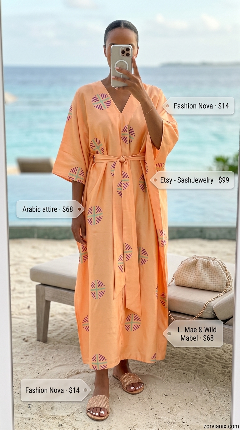 Peach silk caftan dress with rose gold sandals for a summer beach outfit for women 2026 resort lounge.