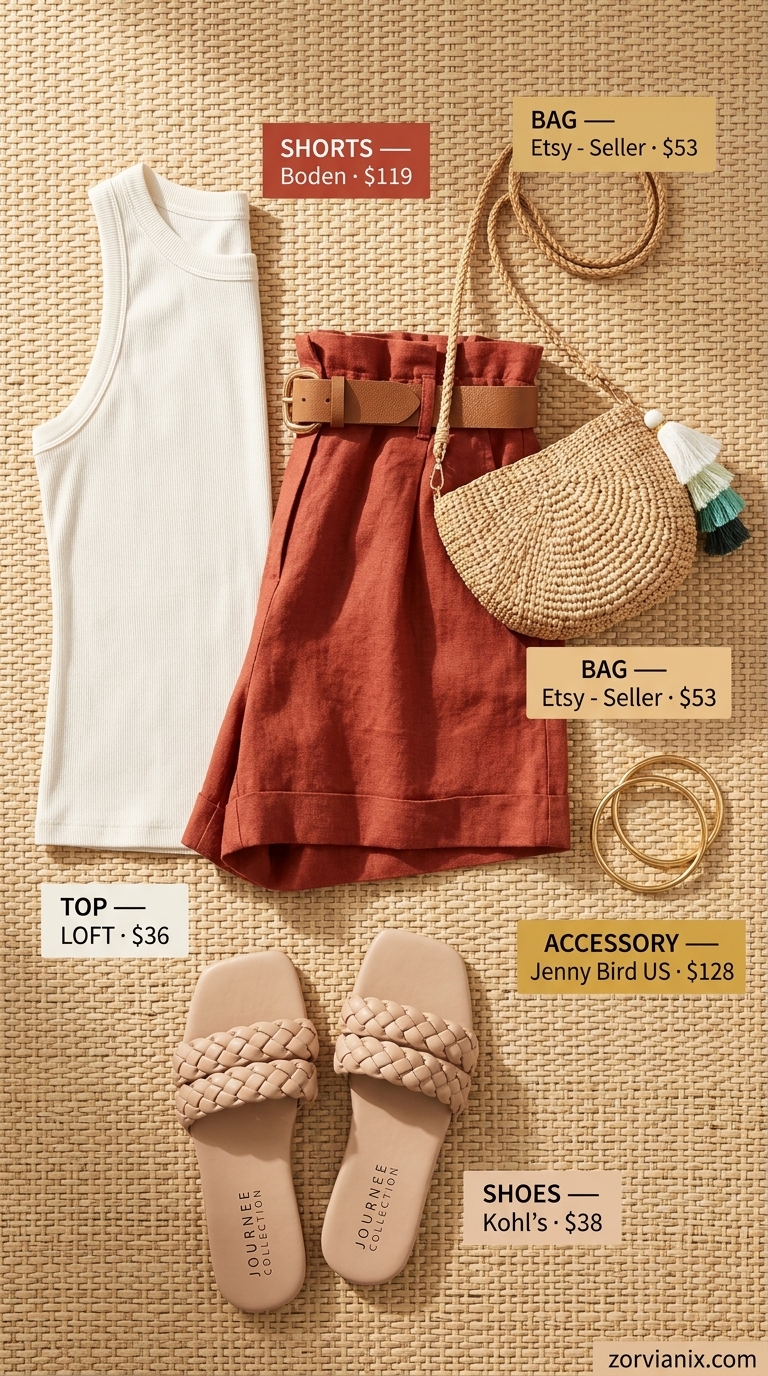 Terracotta linen shorts with ivory tank top for a summer beach outfit for women 2026 beach day.