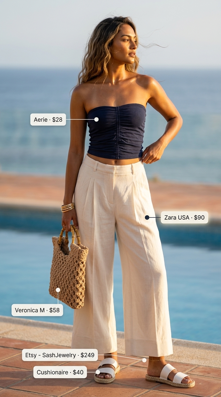 Ecru linen pants with navy bandeau top for a summer beach outfit for women 2026 beach club.