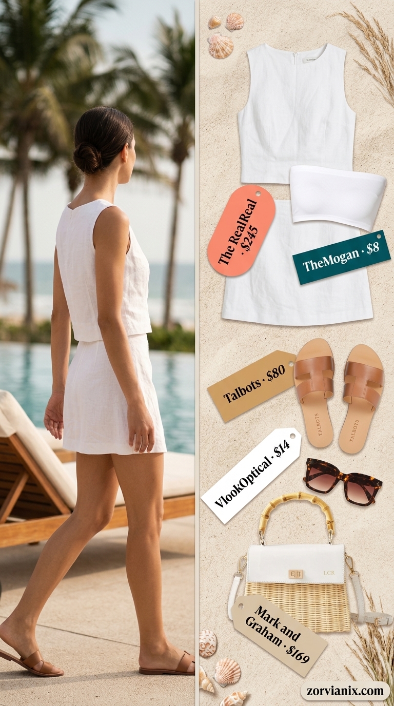 Trendy white linen matching set, bandeau top, straw bag & leather slides for a summer beach outfit for women 2026.