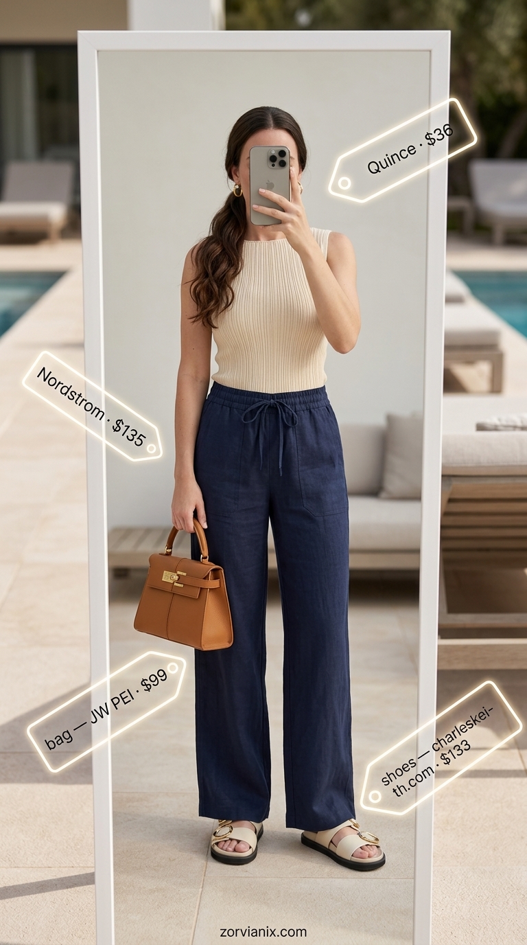 Navy linen pants with cream top for a summer beach outfit for women 2026 yacht day.