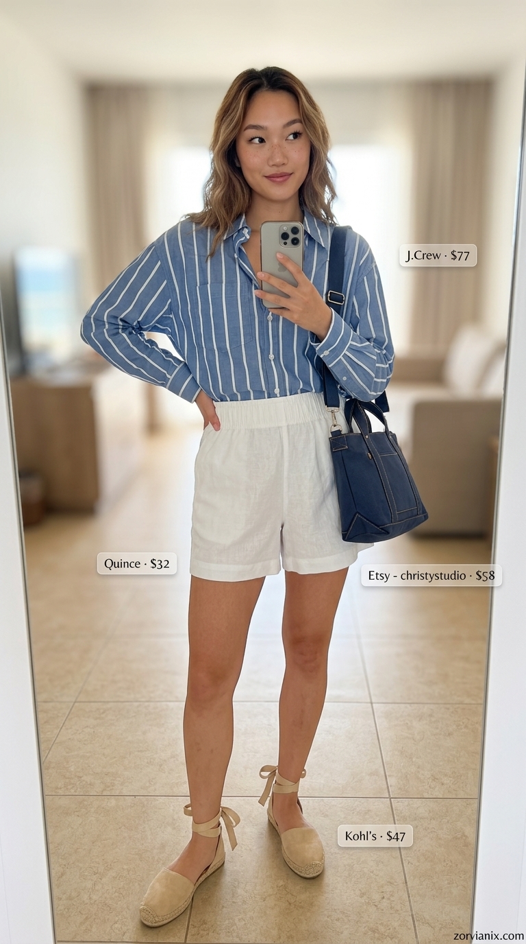 Casual coastal blue linen shorts, white tank, striped shirt & crossbody for a summer beach outfit for women 2026.