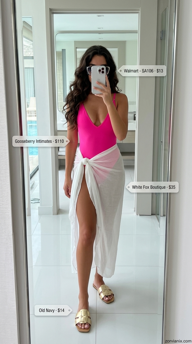 Hot pink swimsuit, sheer sarong, metallic sandals for a glamorous summer beach outfit for women 2026.