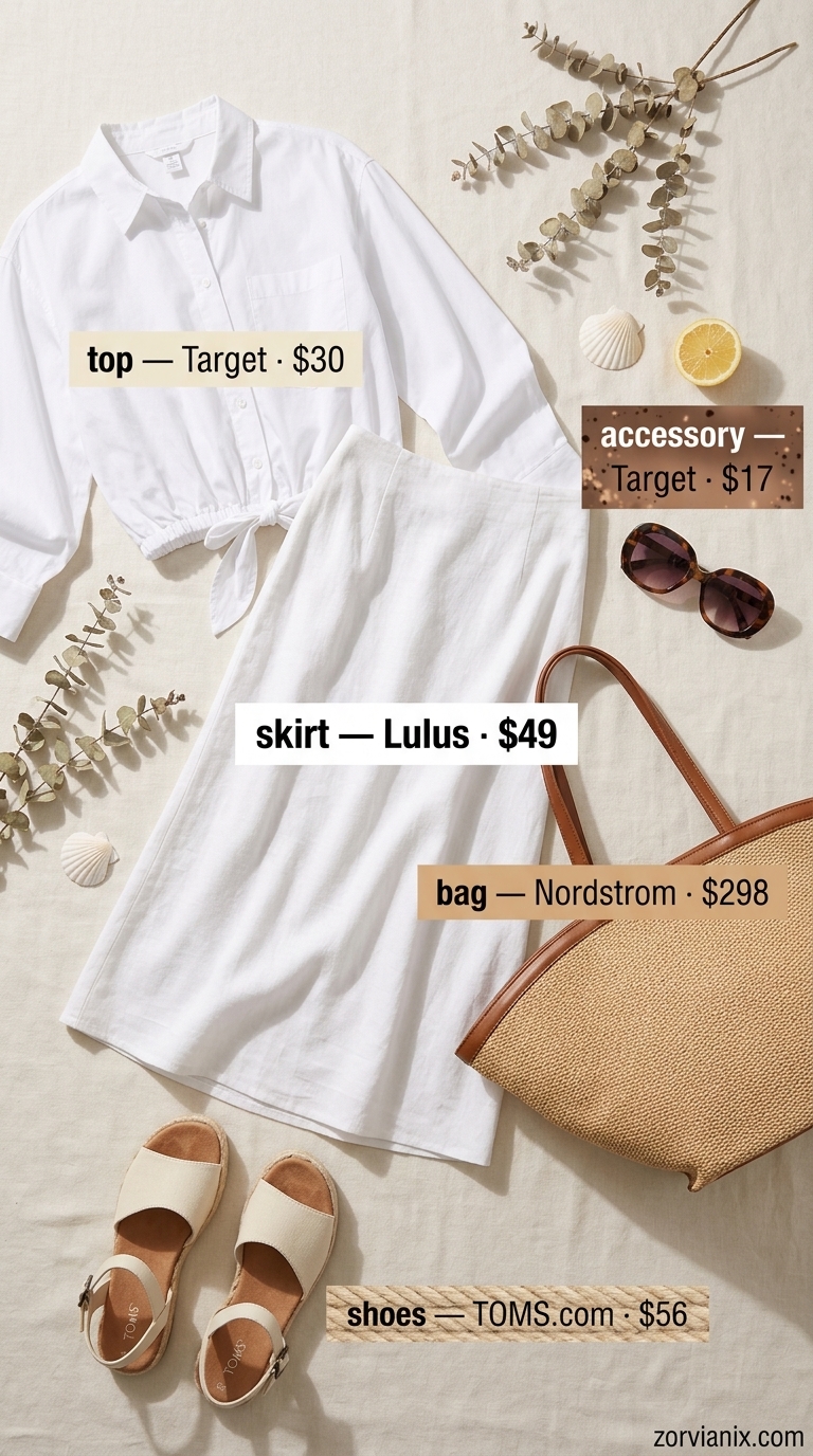 White linen skirt and shirt set for a summer beach outfit for women 2026 resort lunch.