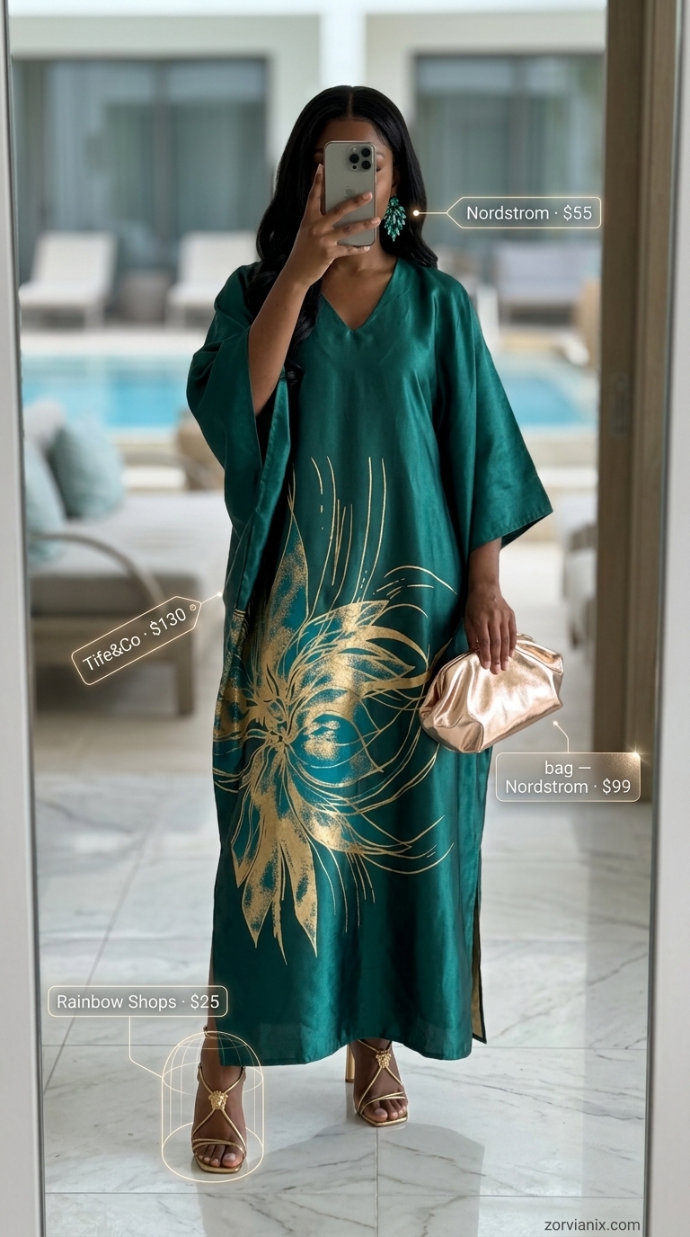 Glamorous emerald green silk caftan, gold sandals, clutch & statement earrings for a summer beach outfit for women 2026.