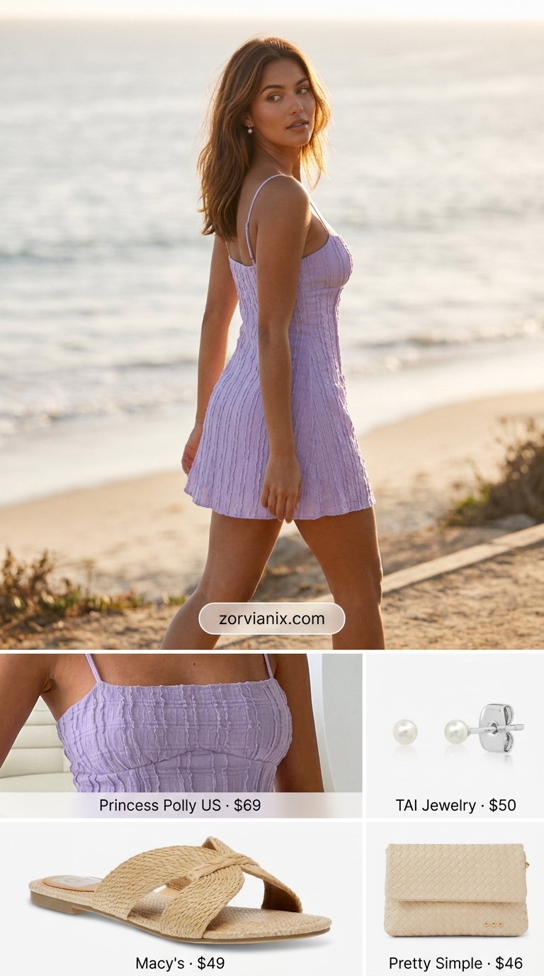 Lavender sundress with raffia bag for a summer beach outfit for women 2026 daytime excursion.